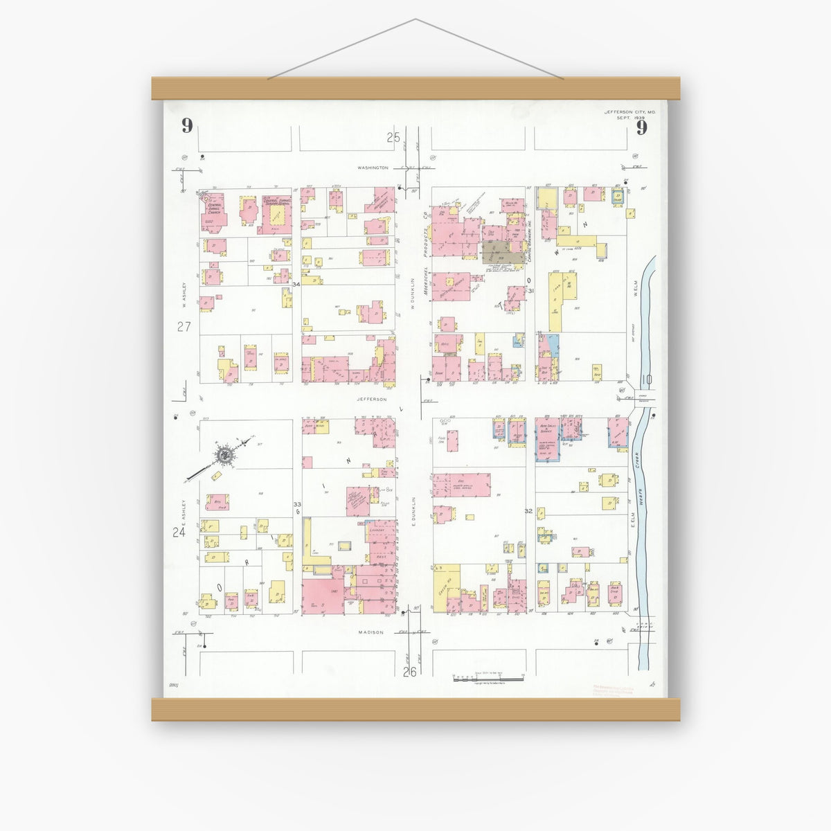 Old map wall art mockup — magnetic wood frame on white wall — Sanborn Fire Insurance Map from Jefferson City, Cole County, Missouri (1939), Sheet #0009