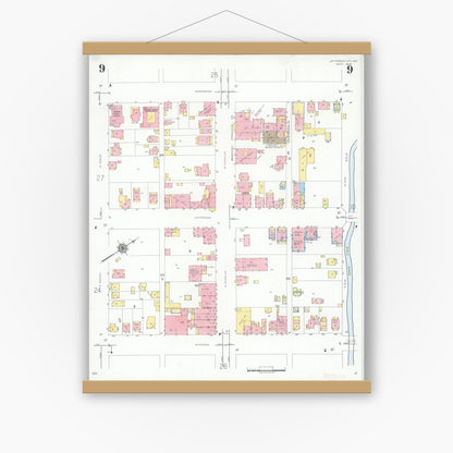Old map wall art mockup — magnetic wood frame on white wall — Sanborn Fire Insurance Map from Jefferson City, Cole County, Missouri (1939), Sheet #0009