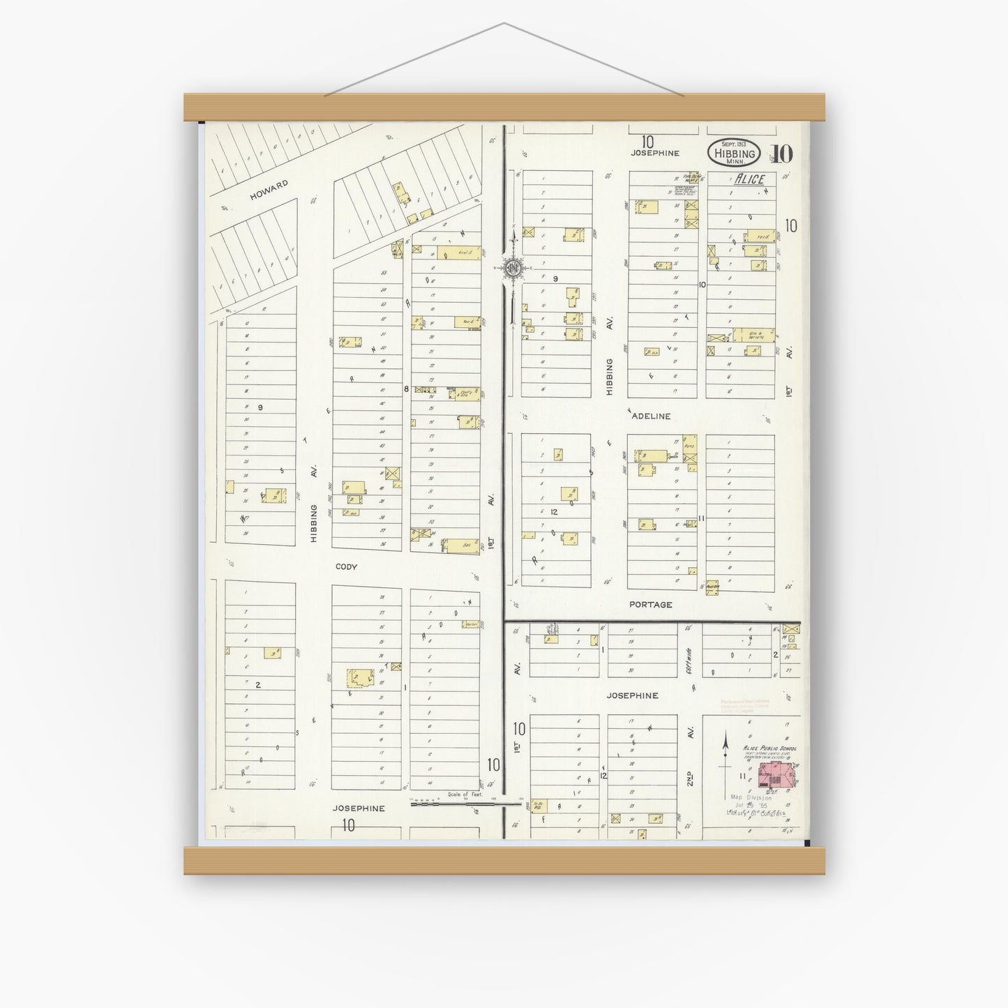 Old map wall art mockup — magnetic wood frame on white wall — Sanborn Fire Insurance Map from Hibbing, Saint Louis County, Minnesota (1913), Sheet #0010