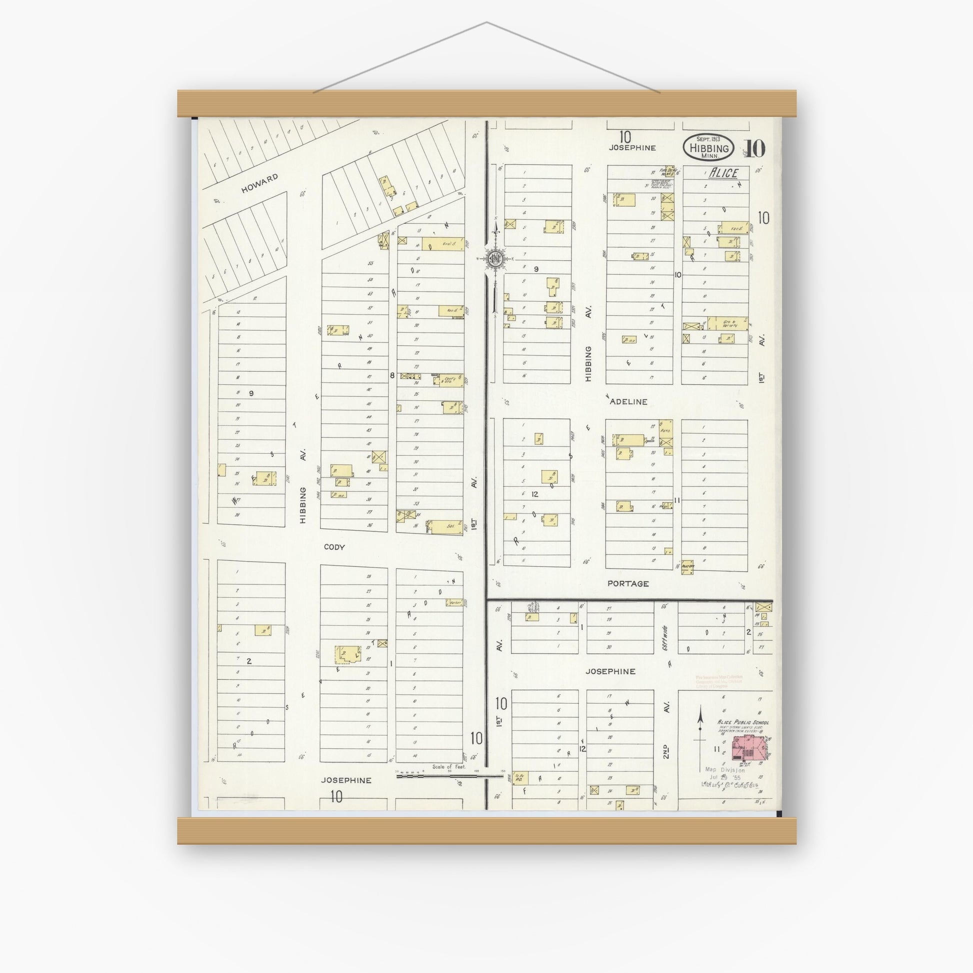 Old map wall art mockup — magnetic wood frame on white wall — Sanborn Fire Insurance Map from Hibbing, Saint Louis County, Minnesota (1913), Sheet #0010