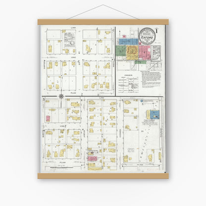 Old map wall art mockup — magnetic wood frame on white wall — Sanborn Fire Insurance Map from Oxford, Benton County, Indiana (1919) - Complete Map Set