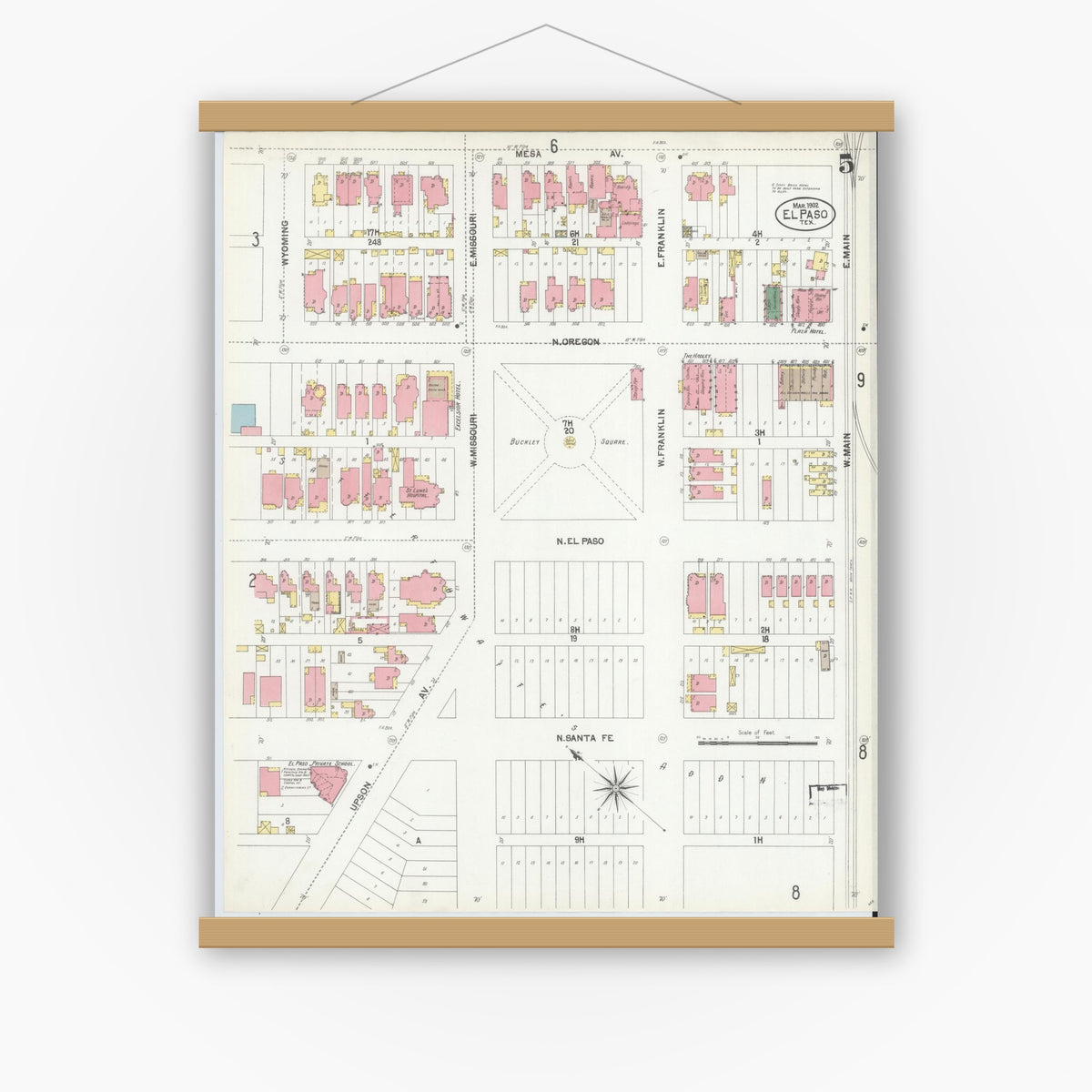 Old map wall art mockup — magnetic wood frame on white wall — Sanborn Fire Insurance Map from El Paso, El Paso County, Texas (1902), Sheet #0005