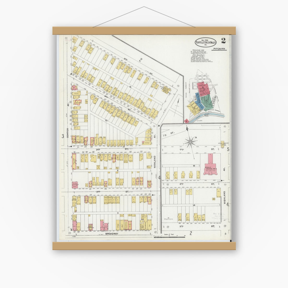 Old map wall art mockup — magnetic wood frame on white wall — Sanborn Fire Insurance Map from Turtle Creek Valley, Allegheny County, Pennsylvania (1906), Sheet #0002
