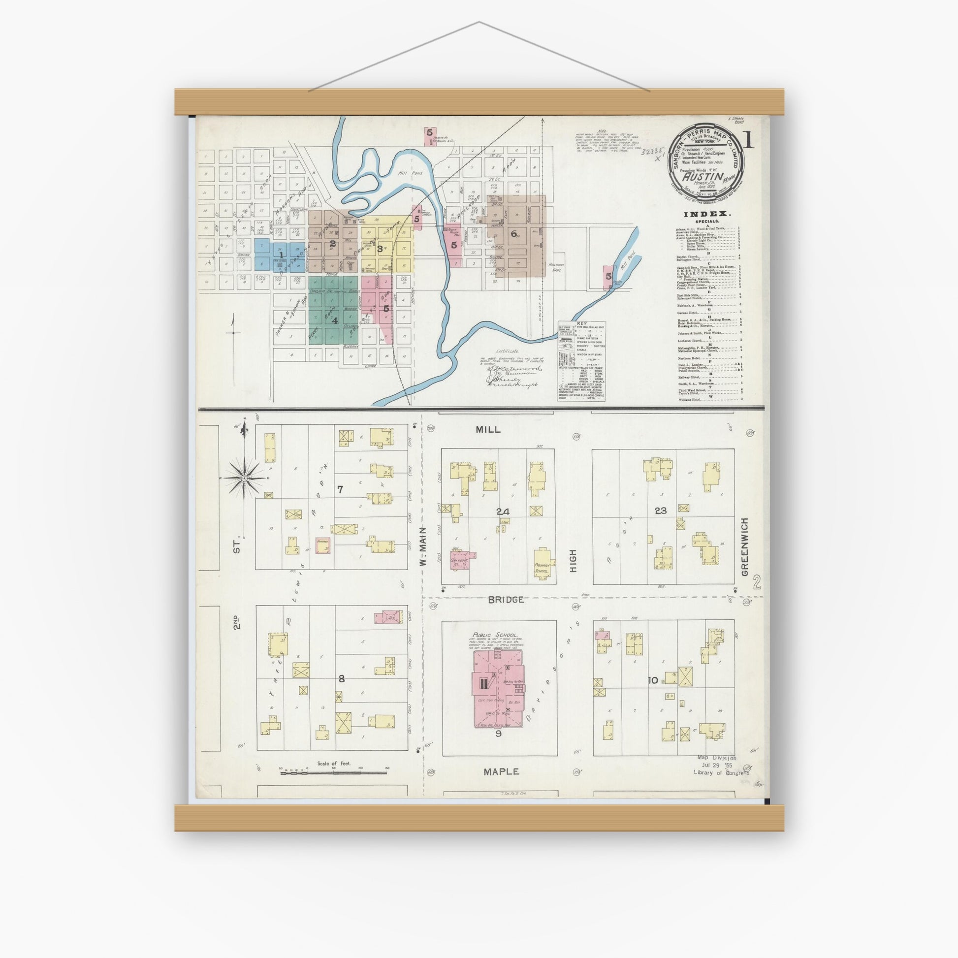 Old map wall art mockup — magnetic wood frame on white wall — Sanborn Fire Insurance Map from Austin, Mower County, Minnesota (1892) - Complete Map Set