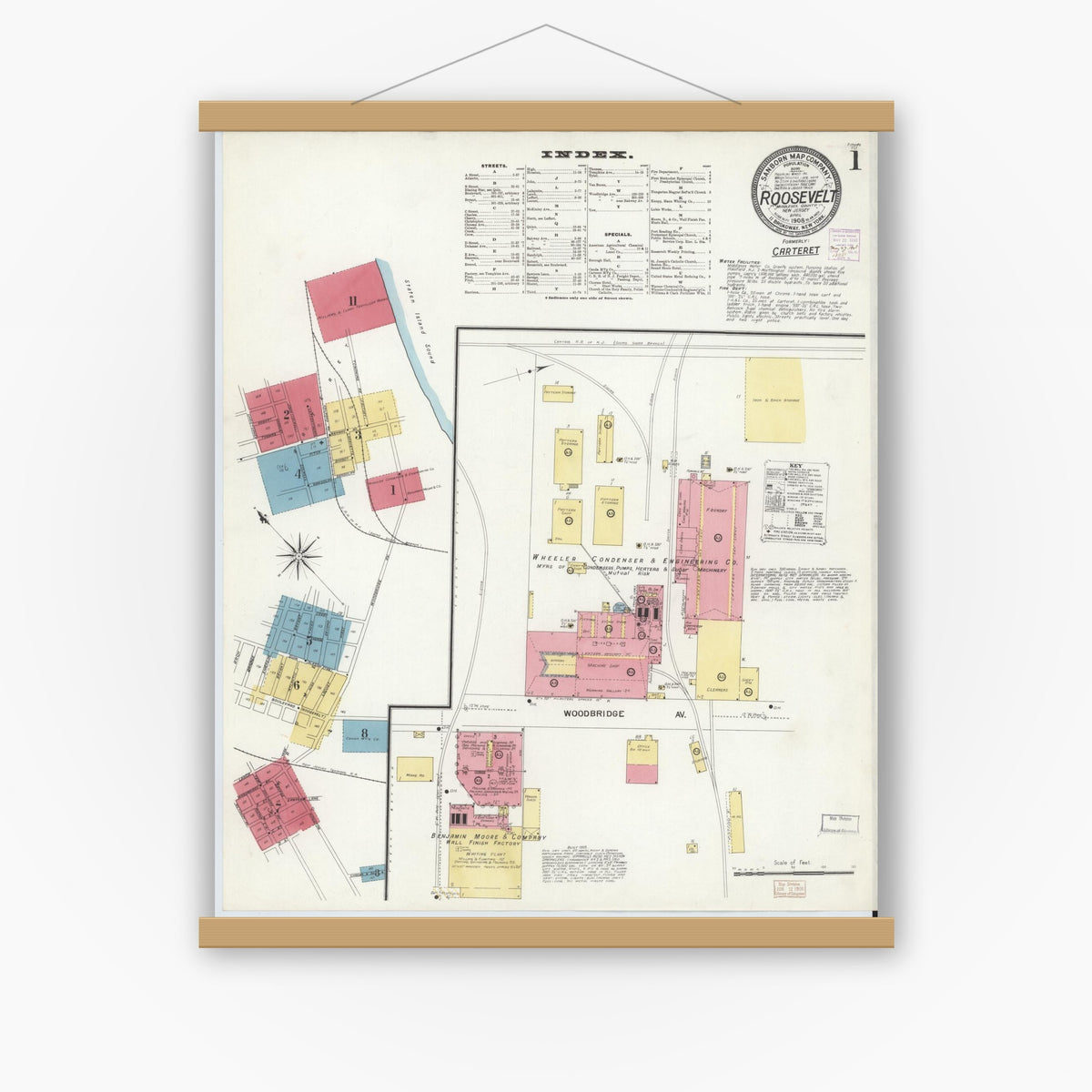 Old map wall art mockup — magnetic wood frame on white wall — Sanborn Fire Insurance Map from Roosevelt, Middlesex County, New Jersey (1908) - Complete Map Set