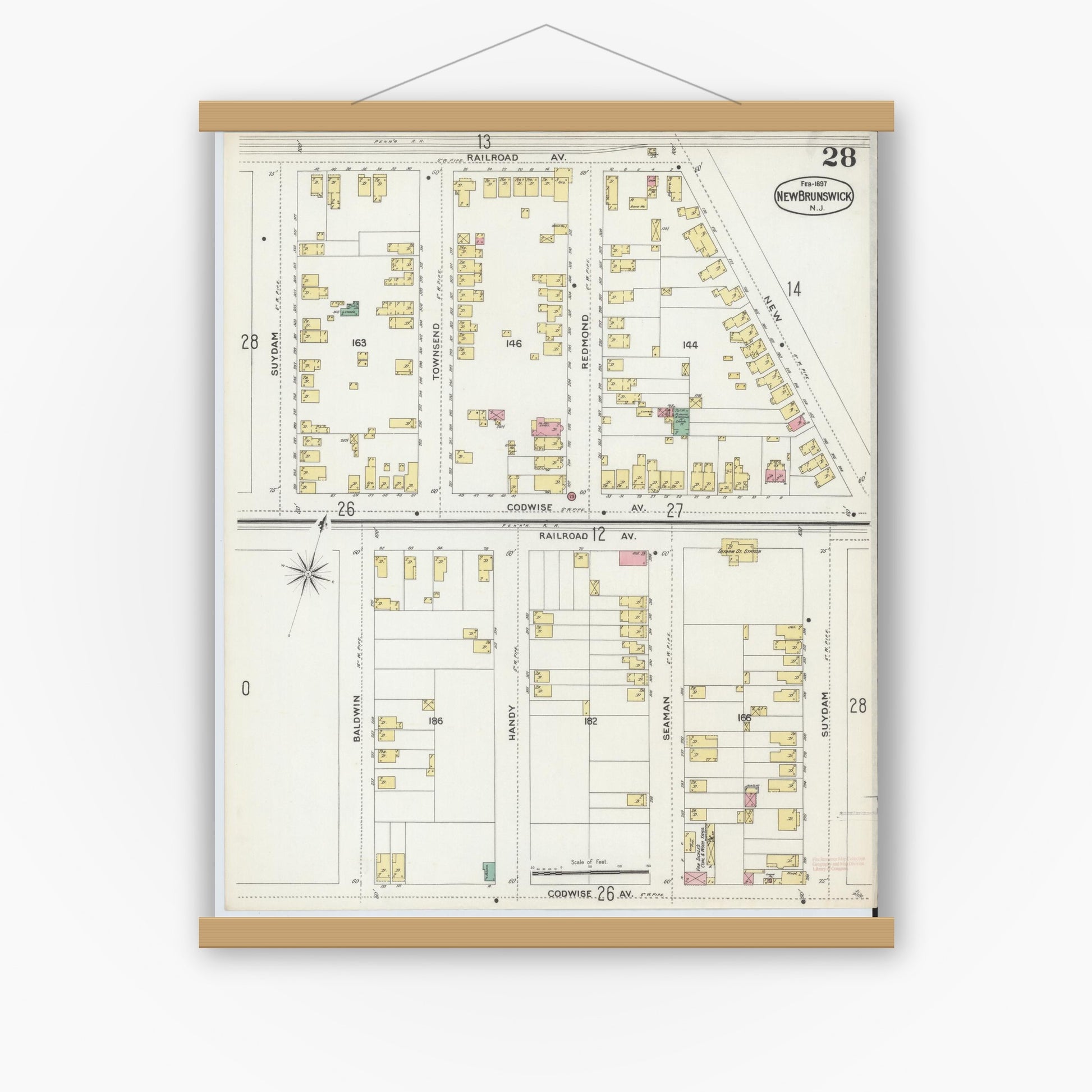 Old map wall art mockup — magnetic wood frame on white wall — Sanborn Fire Insurance Map from New Brunswick, Middlesex County, New Jersey (1897), Sheet #0028