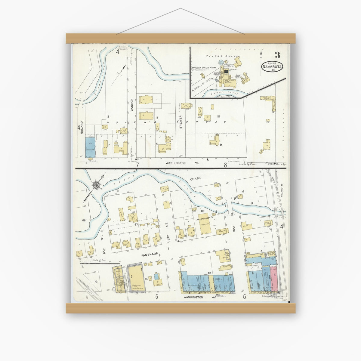 Old map wall art mockup — magnetic wood frame on white wall — Sanborn Fire Insurance Map from Navasota, Grimes County, Texas (1912), Sheet #0003