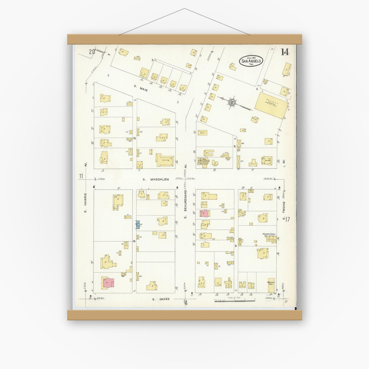 Old map wall art mockup — magnetic wood frame on white wall — Sanborn Fire Insurance Map from San Angelo, Tom Green County, Texas (1913), Sheet #0014