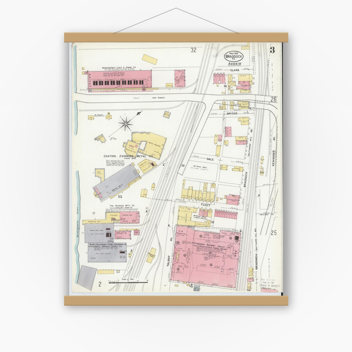 Old map wall art mockup — magnetic wood frame on white wall — Sanborn Fire Insurance Map from Braddock, Allegheny County, Pennsylvania (1908), Sheet #0003