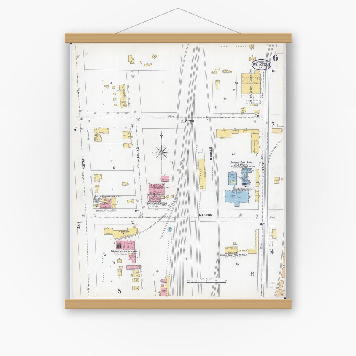 Old map wall art mockup — magnetic wood frame on white wall — Sanborn Fire Insurance Map from Waukegan, Lake County, Illinois (1900), Sheet #0006