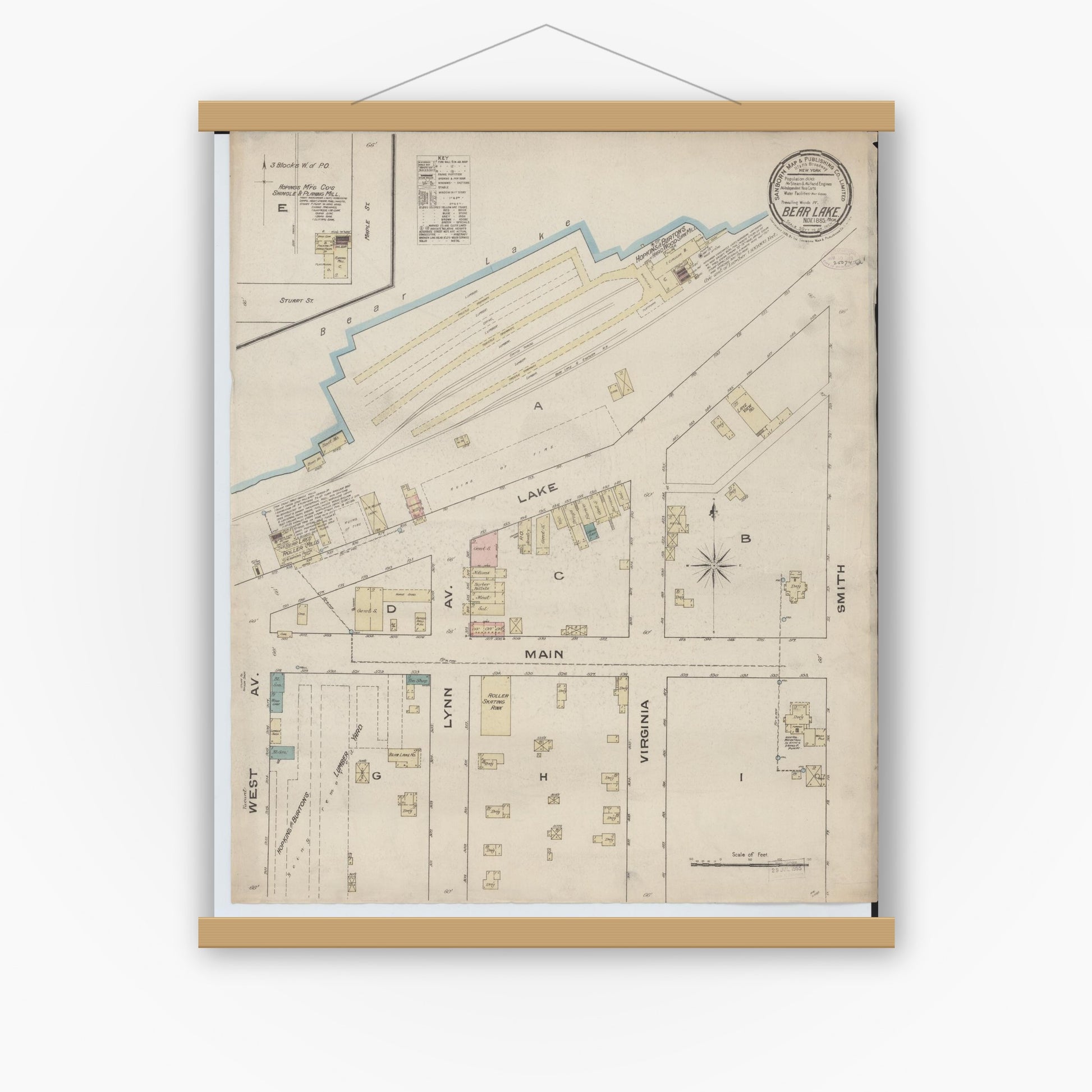 Old map wall art mockup — magnetic wood frame on white wall — Sanborn Fire Insurance Map from Bear Lake, Manistee County, Michigan (1885), Sheet #0001