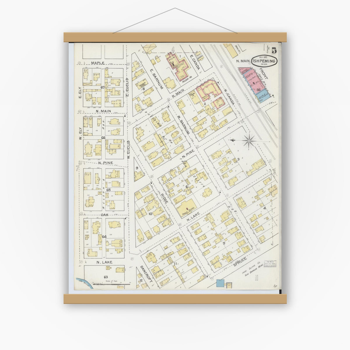 Old map wall art mockup — magnetic wood frame on white wall — Sanborn Fire Insurance Map from Ishpeming, Marquette County, Michigan (1892), Sheet #0005