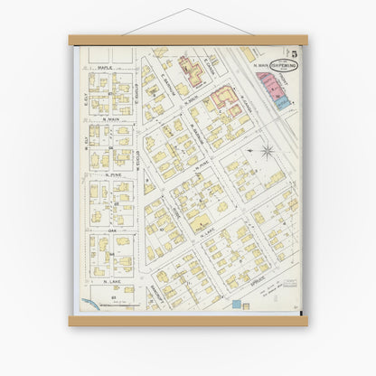 Old map wall art mockup — magnetic wood frame on white wall — Sanborn Fire Insurance Map from Ishpeming, Marquette County, Michigan (1892), Sheet #0005