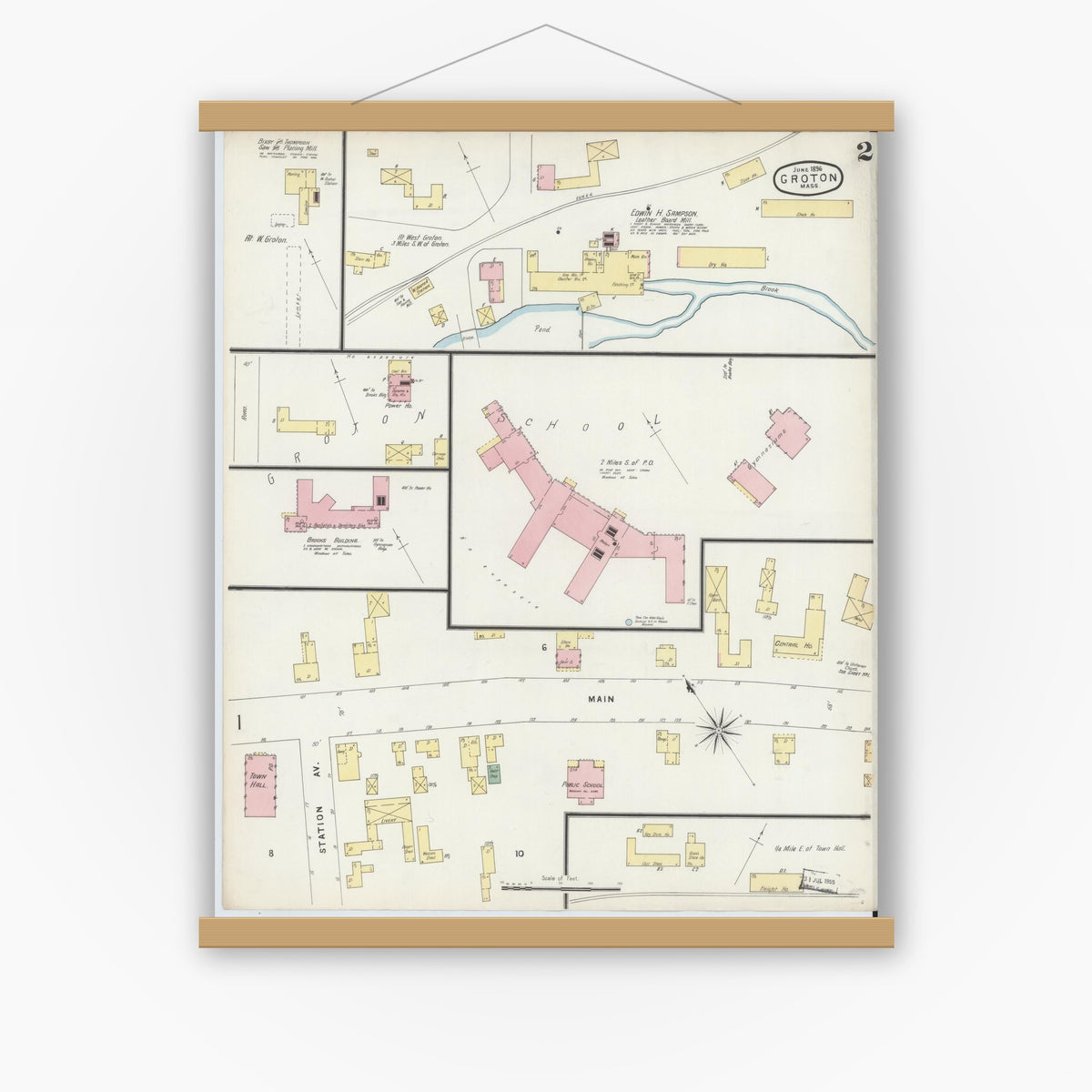 Old map wall art mockup — magnetic wood frame on white wall — Sanborn Fire Insurance Map from Groton, Middlesex County, Massachusetts (1896), Sheet #0002
