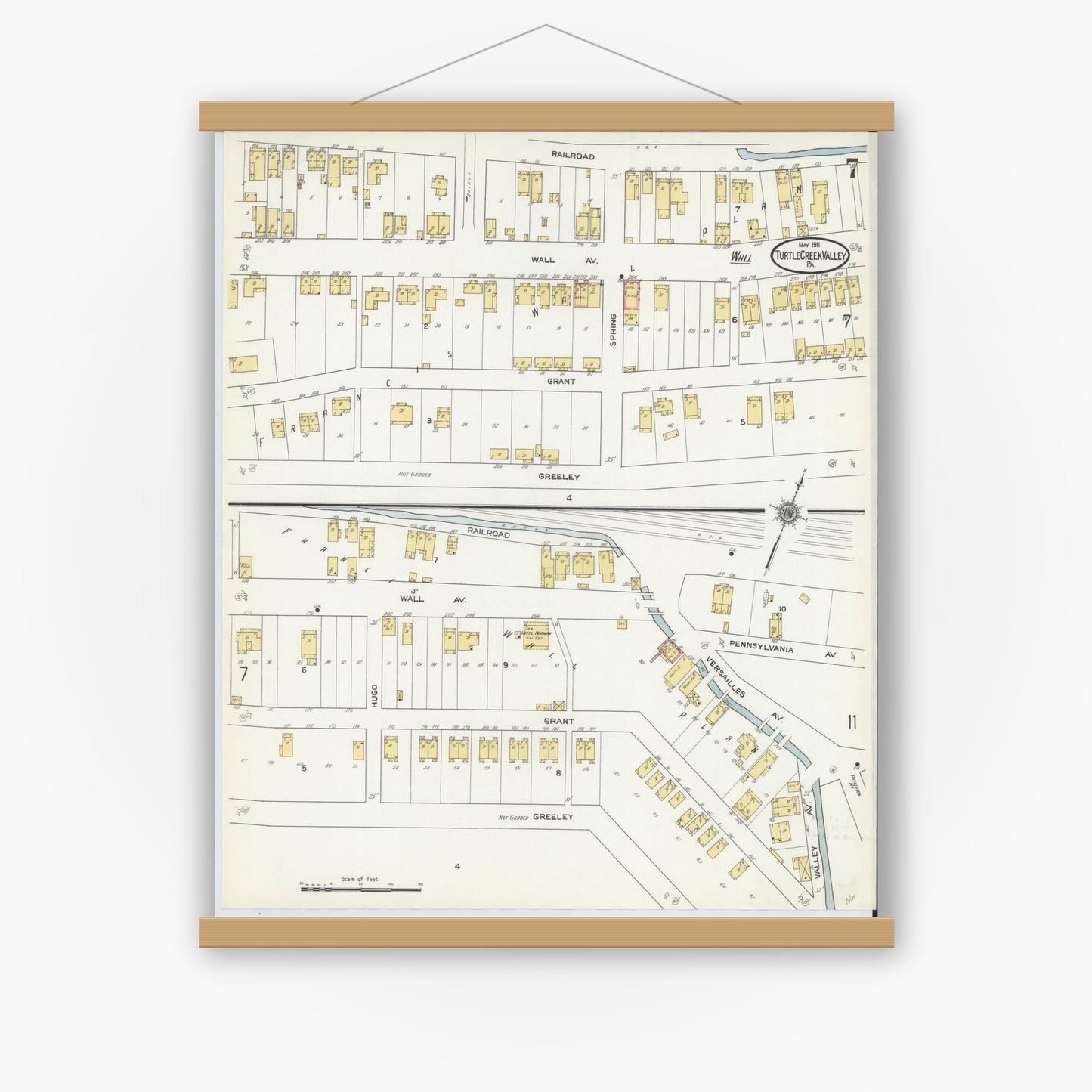 Old map wall art mockup — magnetic wood frame on white wall — Sanborn Fire Insurance Map from Turtle Creek Valley, Allegheny County, Pennsylvania (1911), Sheet #0007
