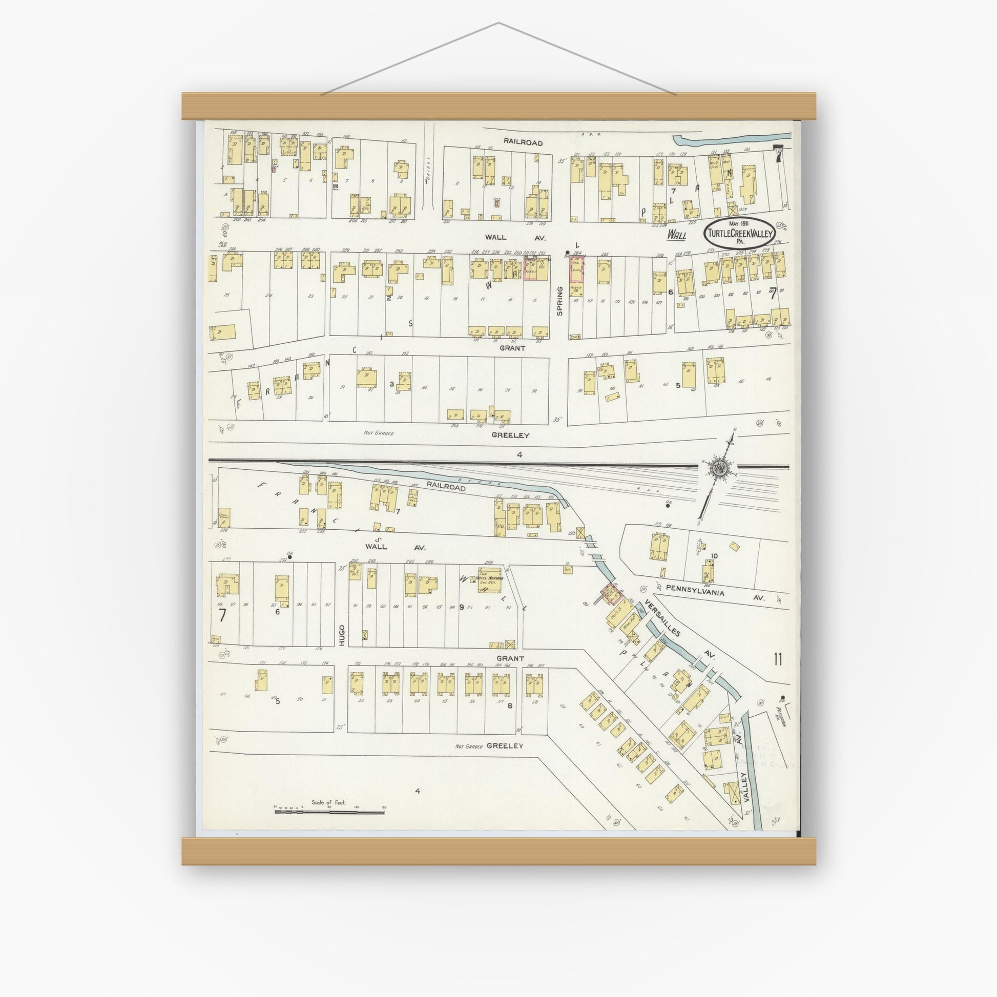 Old map wall art mockup — magnetic wood frame on white wall — Sanborn Fire Insurance Map from Turtle Creek Valley, Allegheny County, Pennsylvania (1911), Sheet #0007