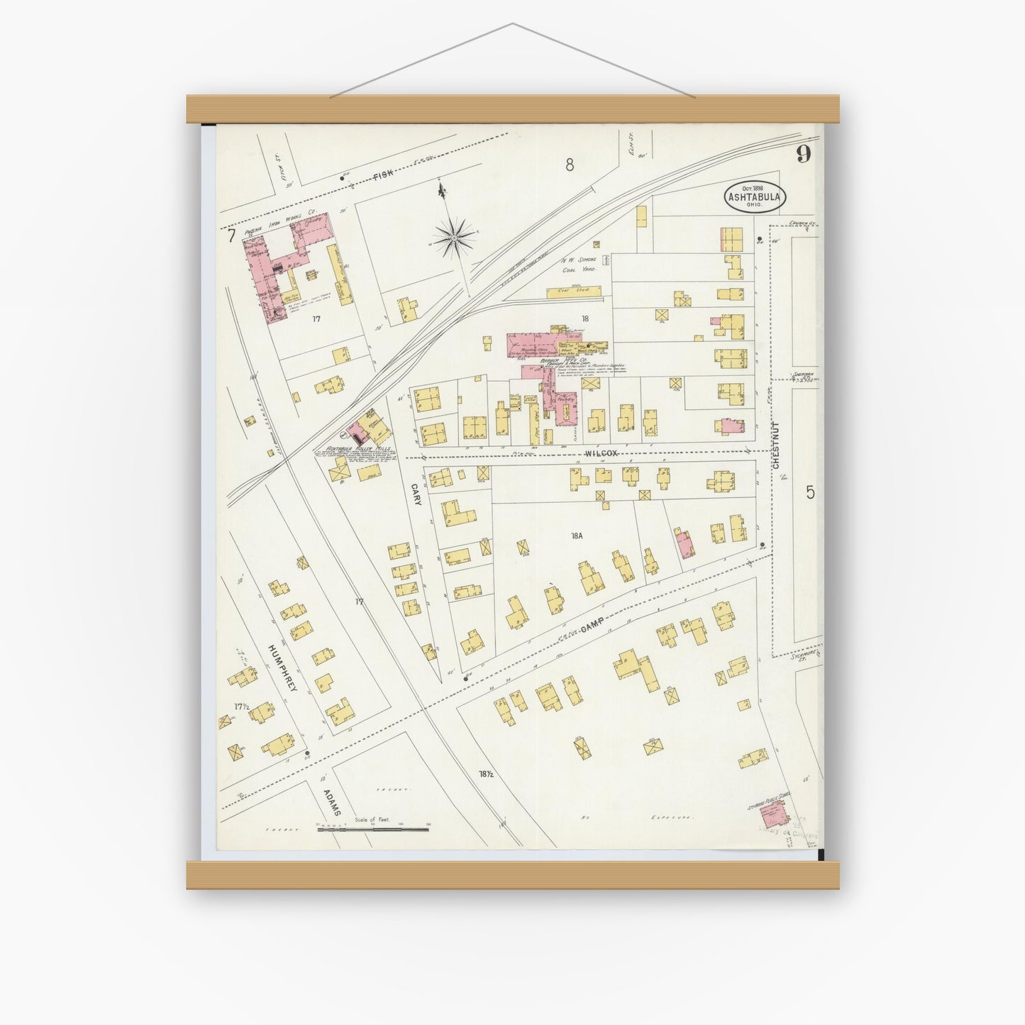 Old map wall art mockup — magnetic wood frame on white wall — Sanborn Fire Insurance Map from Ashtabula, Ashtabula County, Ohio (1898), Sheet #0009