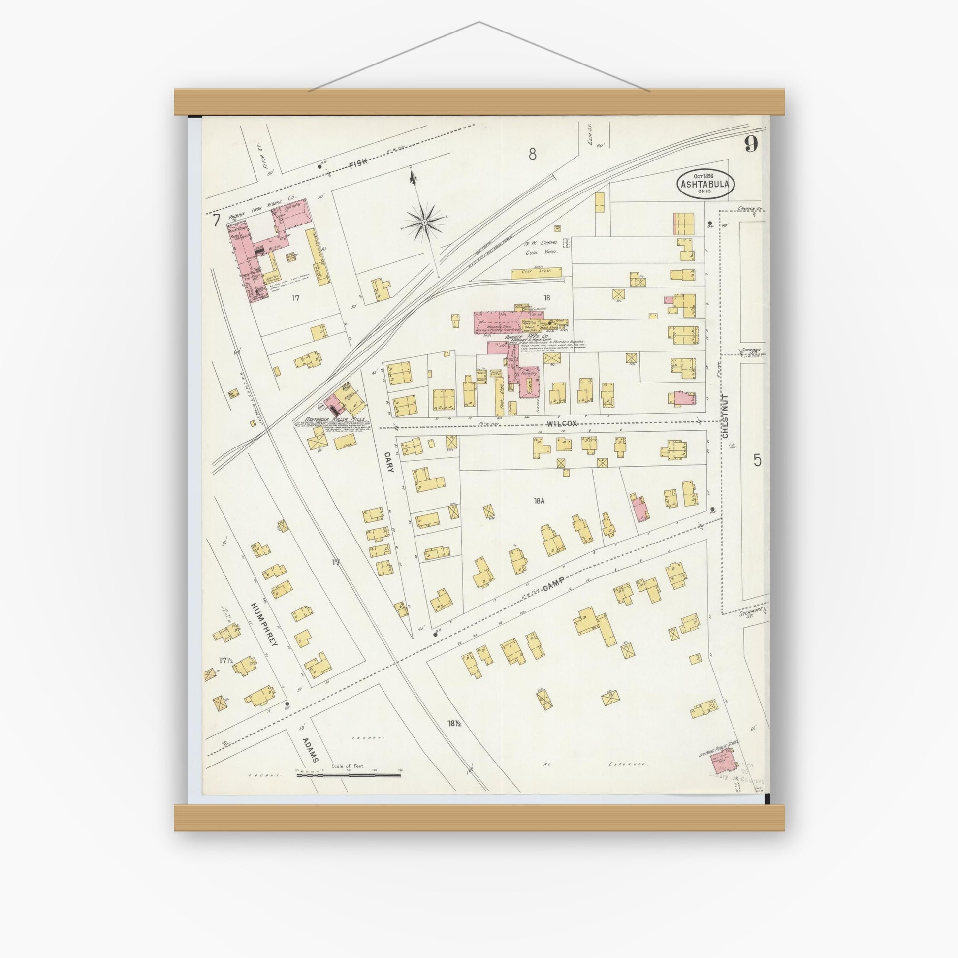 Old map wall art mockup — magnetic wood frame on white wall — Sanborn Fire Insurance Map from Ashtabula, Ashtabula County, Ohio (1898), Sheet #0009