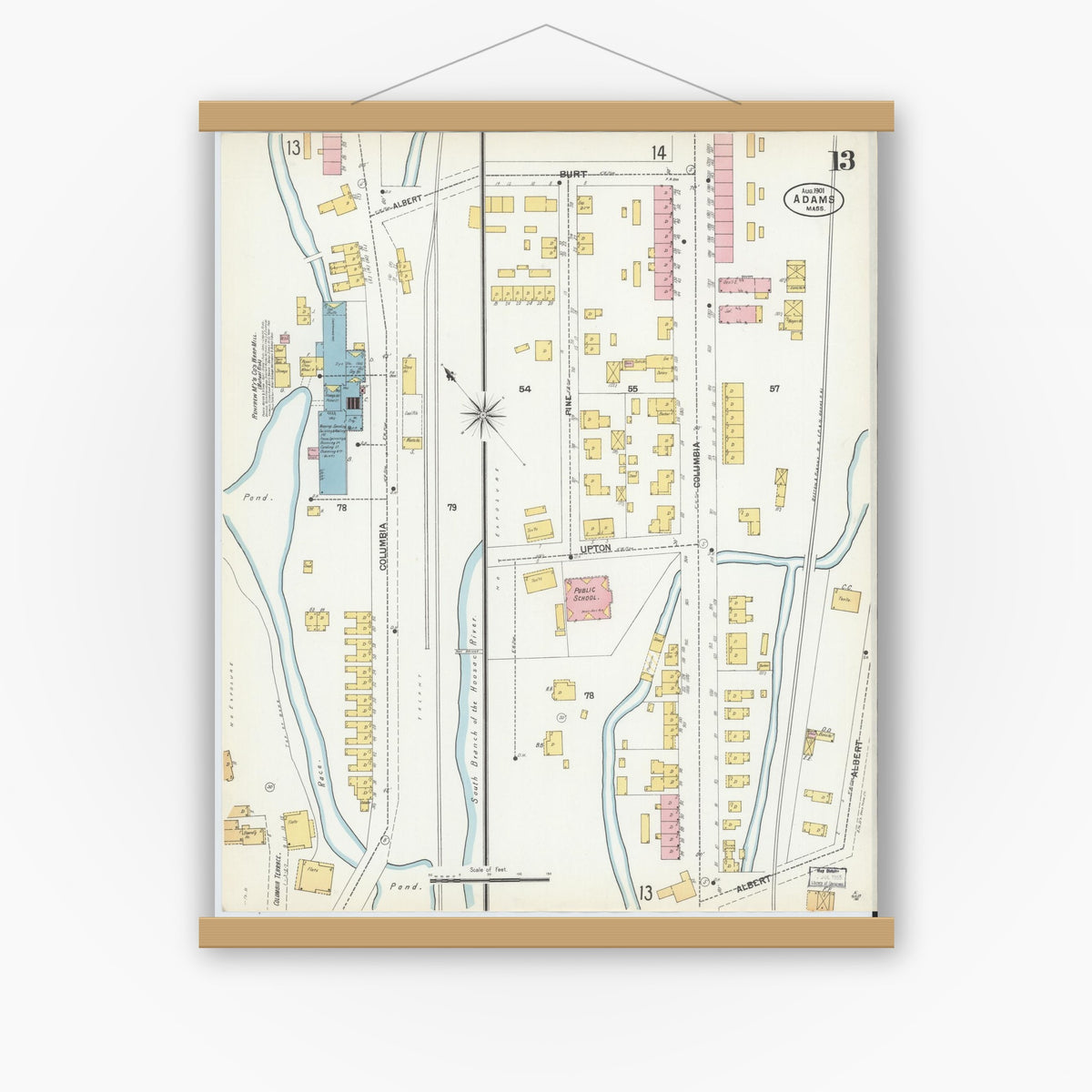 Old map wall art mockup — magnetic wood frame on white wall — Sanborn Fire Insurance Map from Adams, Berkshire County, Massachusetts (1901), Sheet #0013