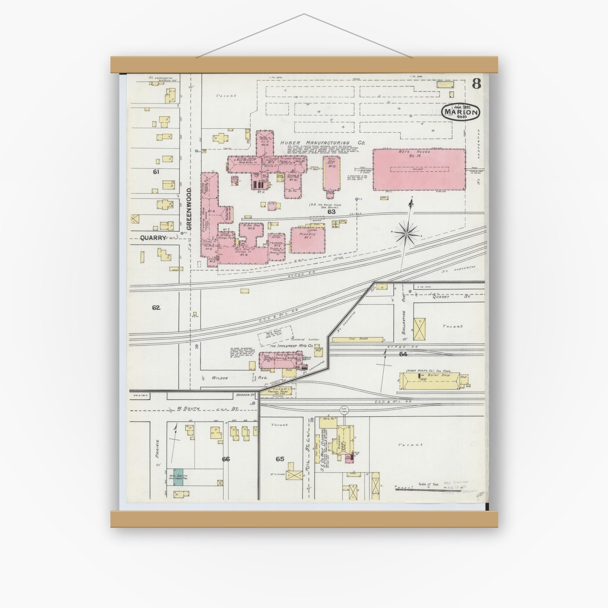 Old map wall art mockup — magnetic wood frame on white wall — Sanborn Fire Insurance Map from Marion, Marion County, Ohio (1892), Sheet #0008