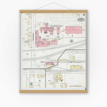 Old map wall art mockup — magnetic wood frame on white wall — Sanborn Fire Insurance Map from Marion, Marion County, Ohio (1892), Sheet #0008