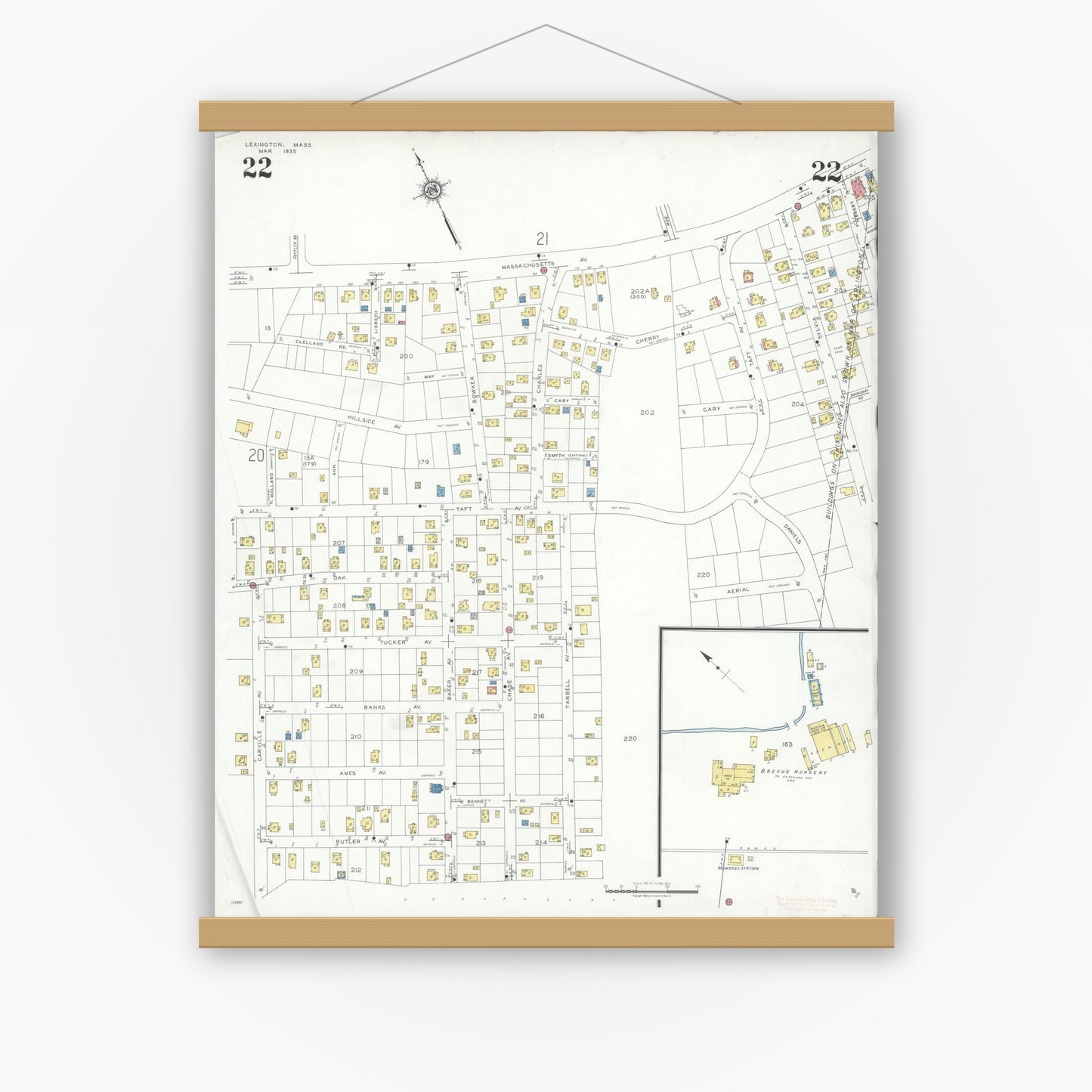 Old map wall art mockup — magnetic wood frame on white wall — Sanborn Fire Insurance Map from Lexington, Middlesex County, Massachusetts (1935), Sheet #0022