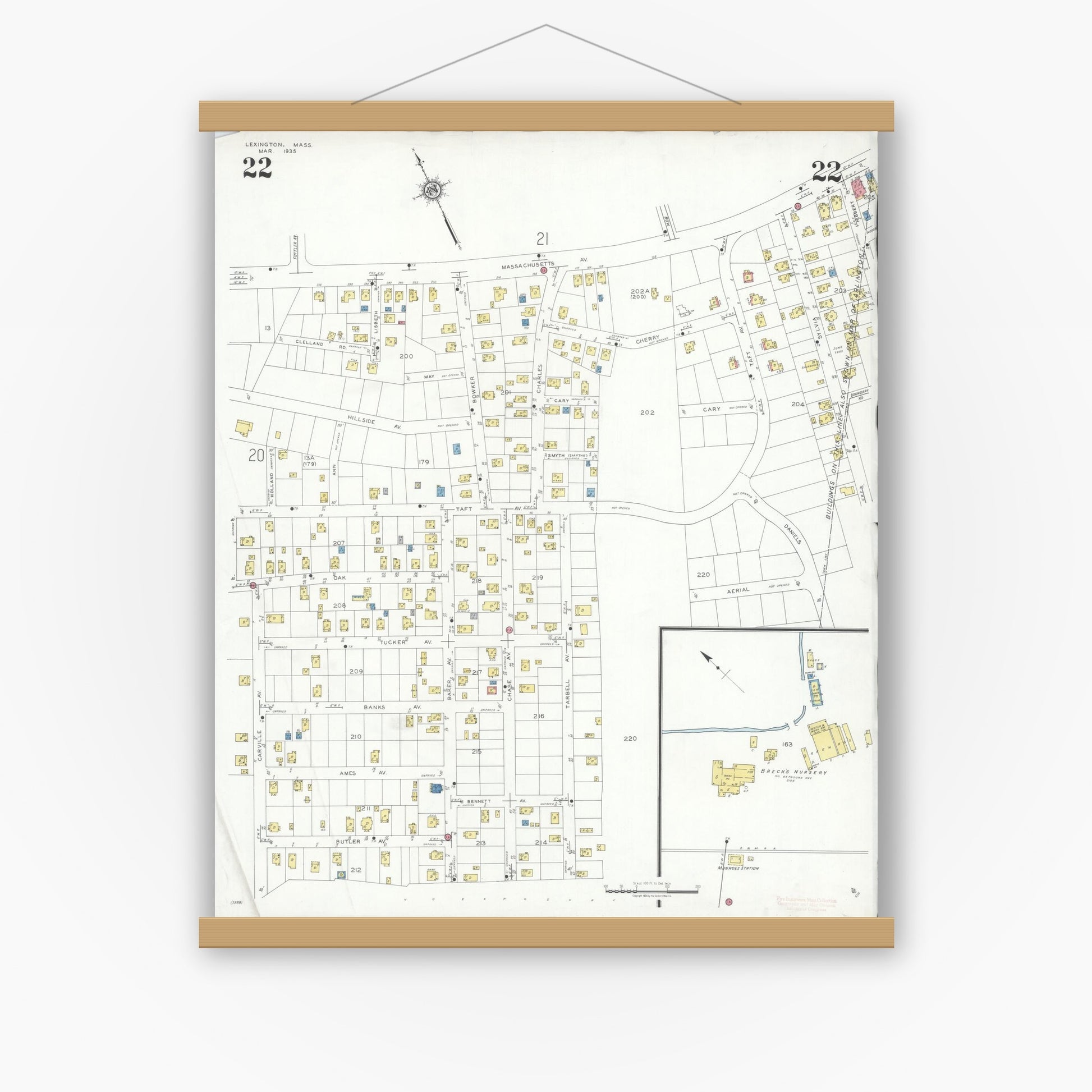 Old map wall art mockup — magnetic wood frame on white wall — Sanborn Fire Insurance Map from Lexington, Middlesex County, Massachusetts (1935), Sheet #0022