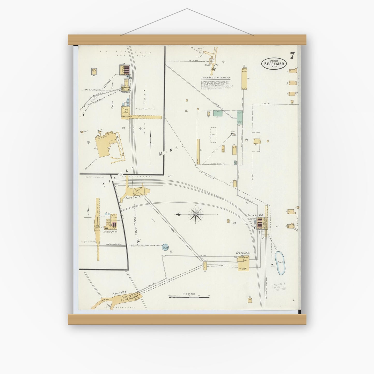 Old map wall art mockup — magnetic wood frame on white wall — Sanborn Fire Insurance Map from Bessemer, Gogebic County, Michigan (1898), Sheet #0007
