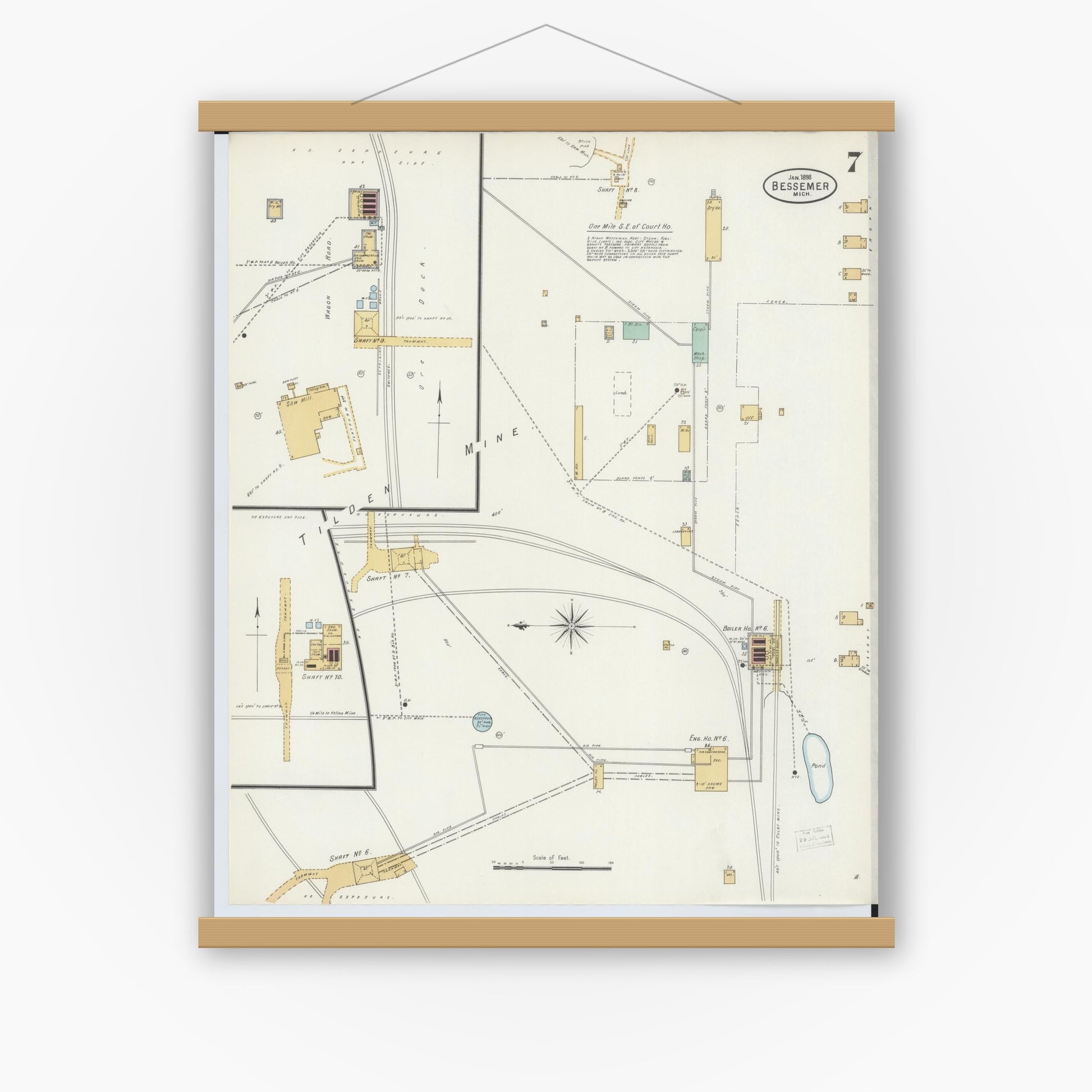 Old map wall art mockup — magnetic wood frame on white wall — Sanborn Fire Insurance Map from Bessemer, Gogebic County, Michigan (1898), Sheet #0007