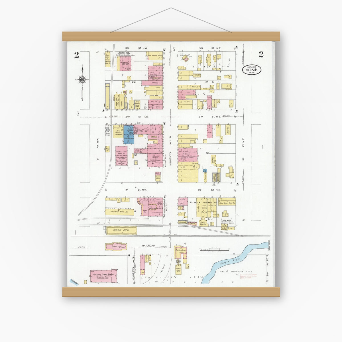 Old map wall art mockup — magnetic wood frame on white wall — Sanborn Fire Insurance Map from Aitkin, Aitkin County, Minnesota (1929), Sheet #0002