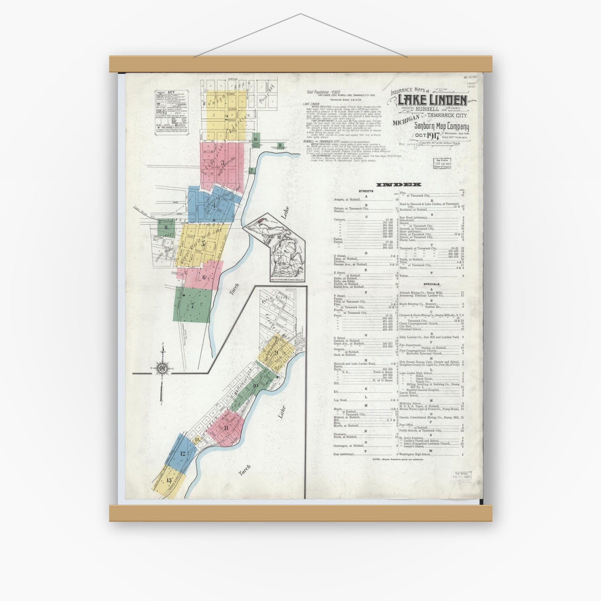 Old map wall art mockup — magnetic wood frame on white wall — Sanborn Fire Insurance Map from Lake Linden, Houghton County, Michigan (1917) - Complete Map Set