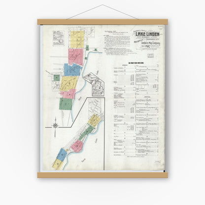 Old map wall art mockup — magnetic wood frame on white wall — Sanborn Fire Insurance Map from Lake Linden, Houghton County, Michigan (1917) - Complete Map Set