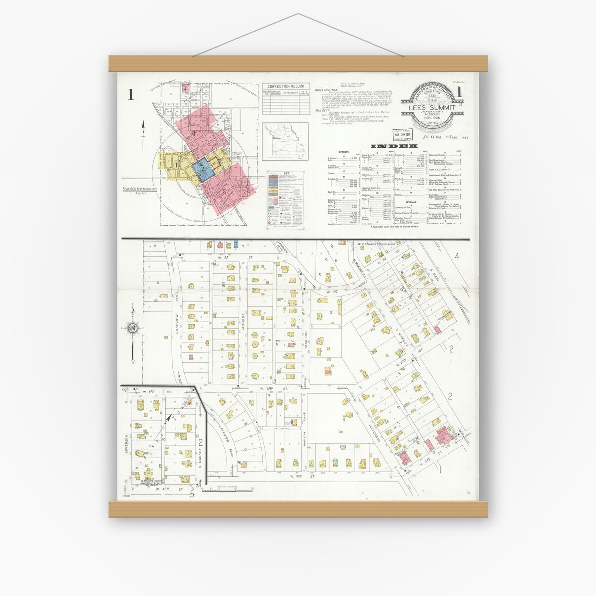 Old map wall art mockup — magnetic wood frame on white wall — Sanborn Fire Insurance Map from Lee's Summit, Jackson County, Missouri (1935) - Complete Map Set