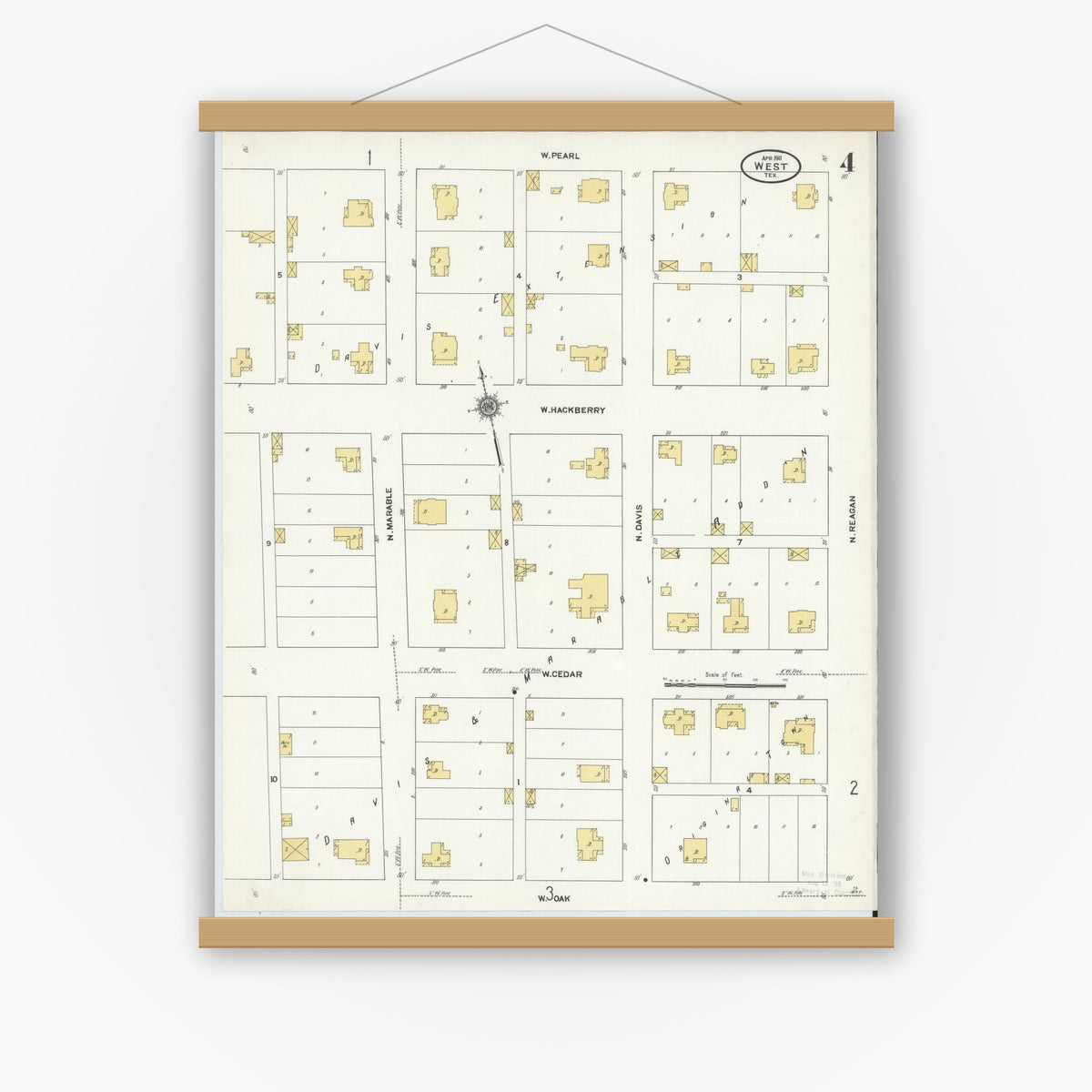 Old map wall art mockup — magnetic wood frame on white wall — Sanborn Fire Insurance Map from West, McLennan County, Texas (1911), Sheet #0004