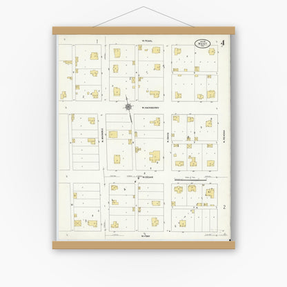 Old map wall art mockup — magnetic wood frame on white wall — Sanborn Fire Insurance Map from West, McLennan County, Texas (1911), Sheet #0004