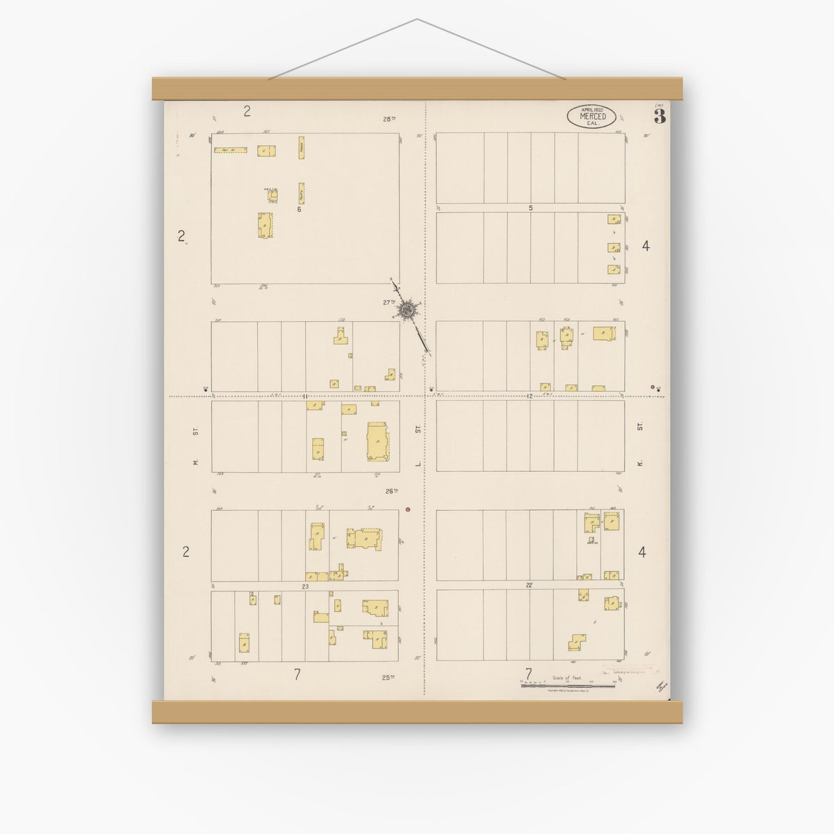 Old map wall art mockup — magnetic wood frame on white wall — Sanborn Fire Insurance Map from Merced, Merced County, California (1922), Sheet #0003