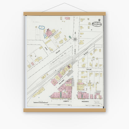 Old map wall art mockup — magnetic wood frame on white wall — Sanborn Fire Insurance Map from Wellington, Lorain County, Ohio (1889), Sheet #0002