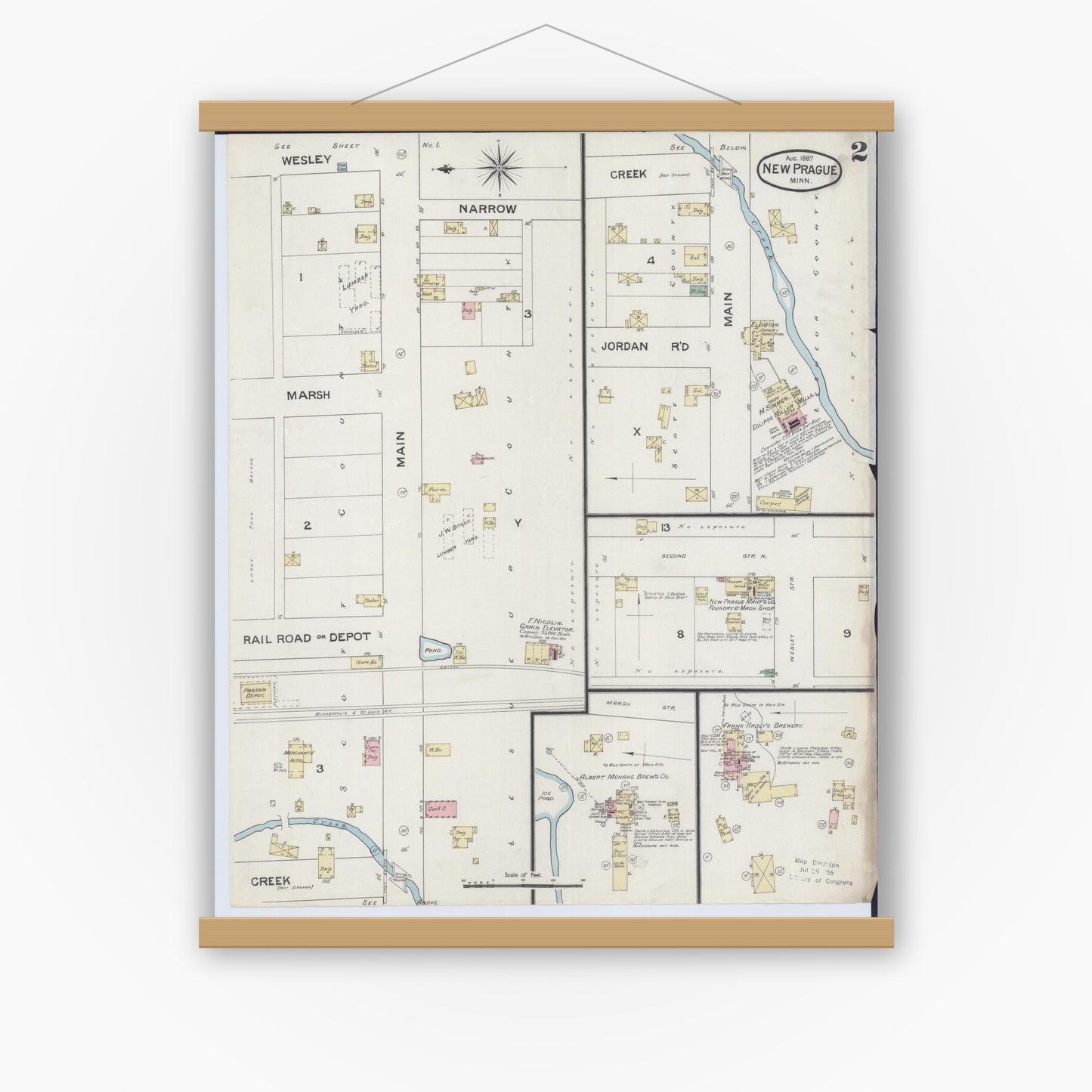 Old map wall art mockup — magnetic wood frame on white wall — Sanborn Fire Insurance Map from New Prague, Scott And Le Sueur, Minnesota (1887), Sheet #0002