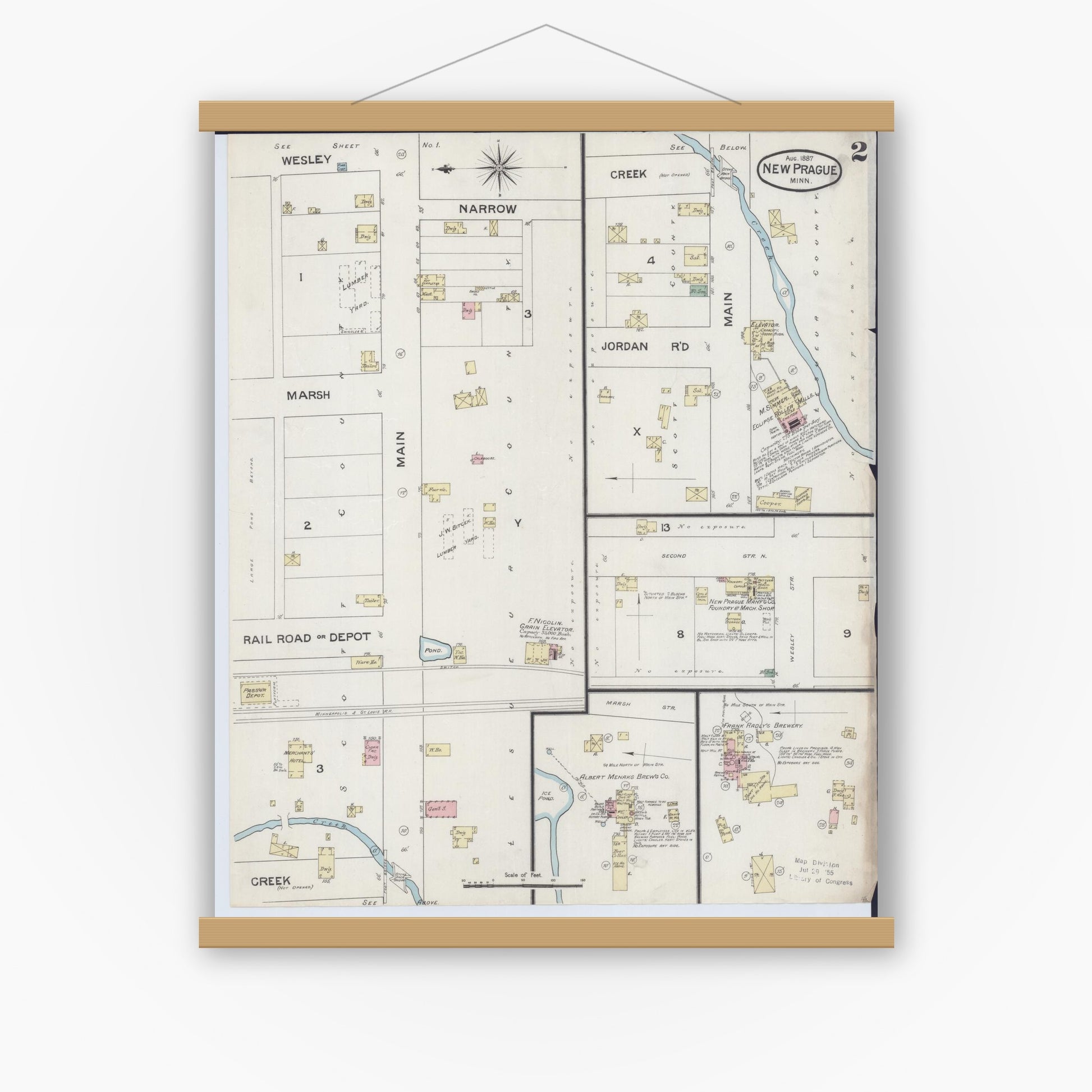 Old map wall art mockup — magnetic wood frame on white wall — Sanborn Fire Insurance Map from New Prague, Scott And Le Sueur, Minnesota (1887), Sheet #0002