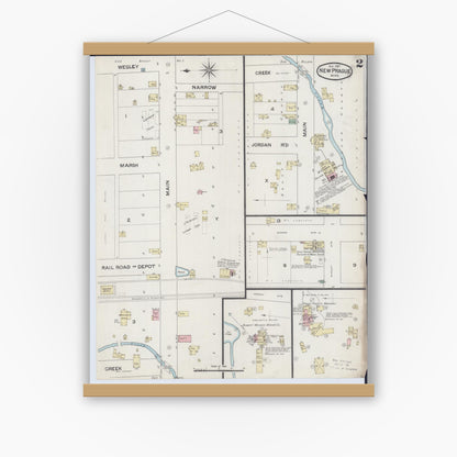 Old map wall art mockup — magnetic wood frame on white wall — Sanborn Fire Insurance Map from New Prague, Scott And Le Sueur, Minnesota (1887), Sheet #0002