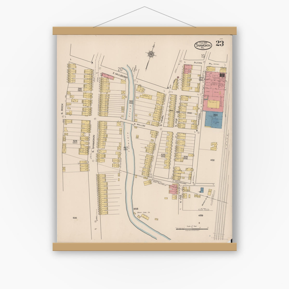 Old map wall art mockup — magnetic wood frame on white wall — Sanborn Fire Insurance Map from Shamokin, Northumberland County, Pennsylvania (1922), Sheet #0023