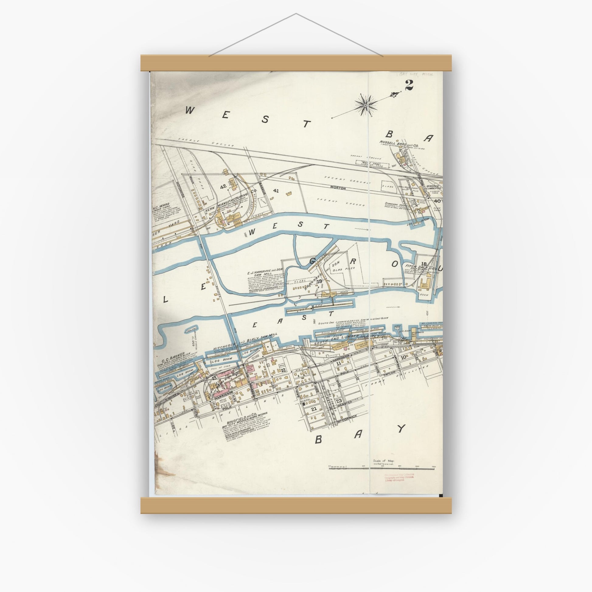 Old map wall art mockup — magnetic wood frame on white wall — Sanborn Fire Insurance Map from Bay City, Bay County, Michigan (1895), Sheet #0002