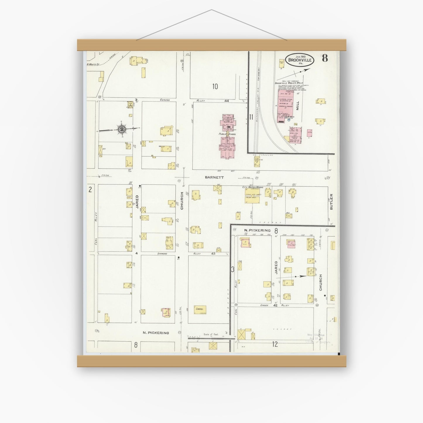 Old map wall art mockup — magnetic wood frame on white wall — Sanborn Fire Insurance Map from Brookville, Jefferson County, Pennsylvania (1910), Sheet #0008