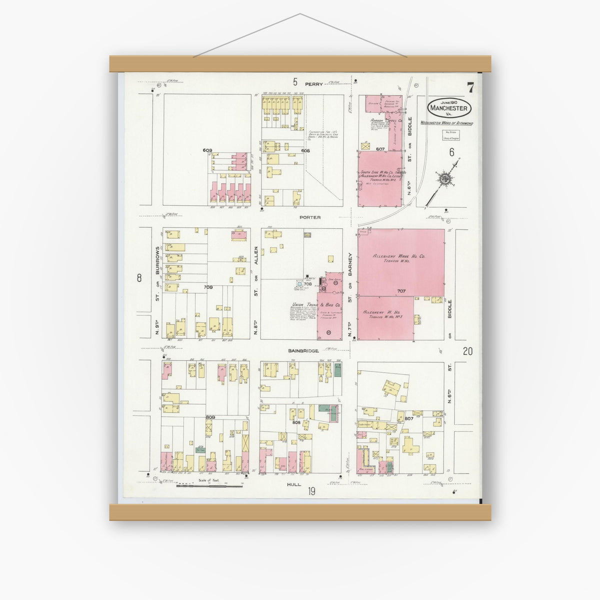 Old map wall art mockup — magnetic wood frame on white wall — Sanborn Fire Insurance Map from Manchester, Chesterfield County, Virginia (1910), Sheet #0007