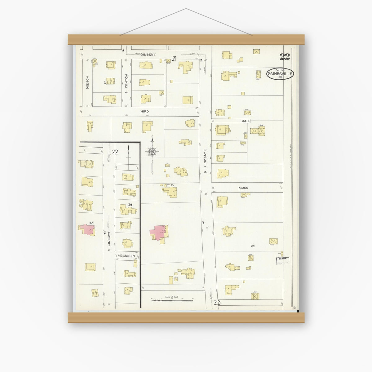 Old map wall art mockup — magnetic wood frame on white wall — Sanborn Fire Insurance Map from Gainesville, Cooke County, Texas (1913), Sheet #0022