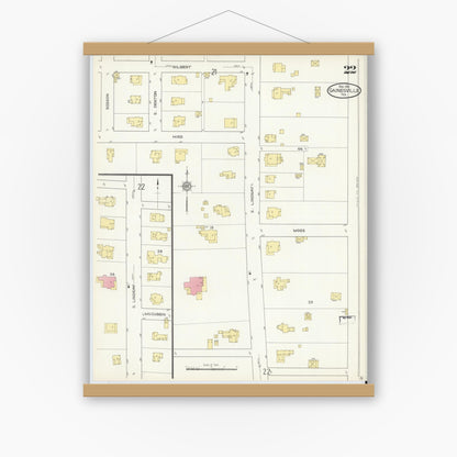 Old map wall art mockup — magnetic wood frame on white wall — Sanborn Fire Insurance Map from Gainesville, Cooke County, Texas (1913), Sheet #0022