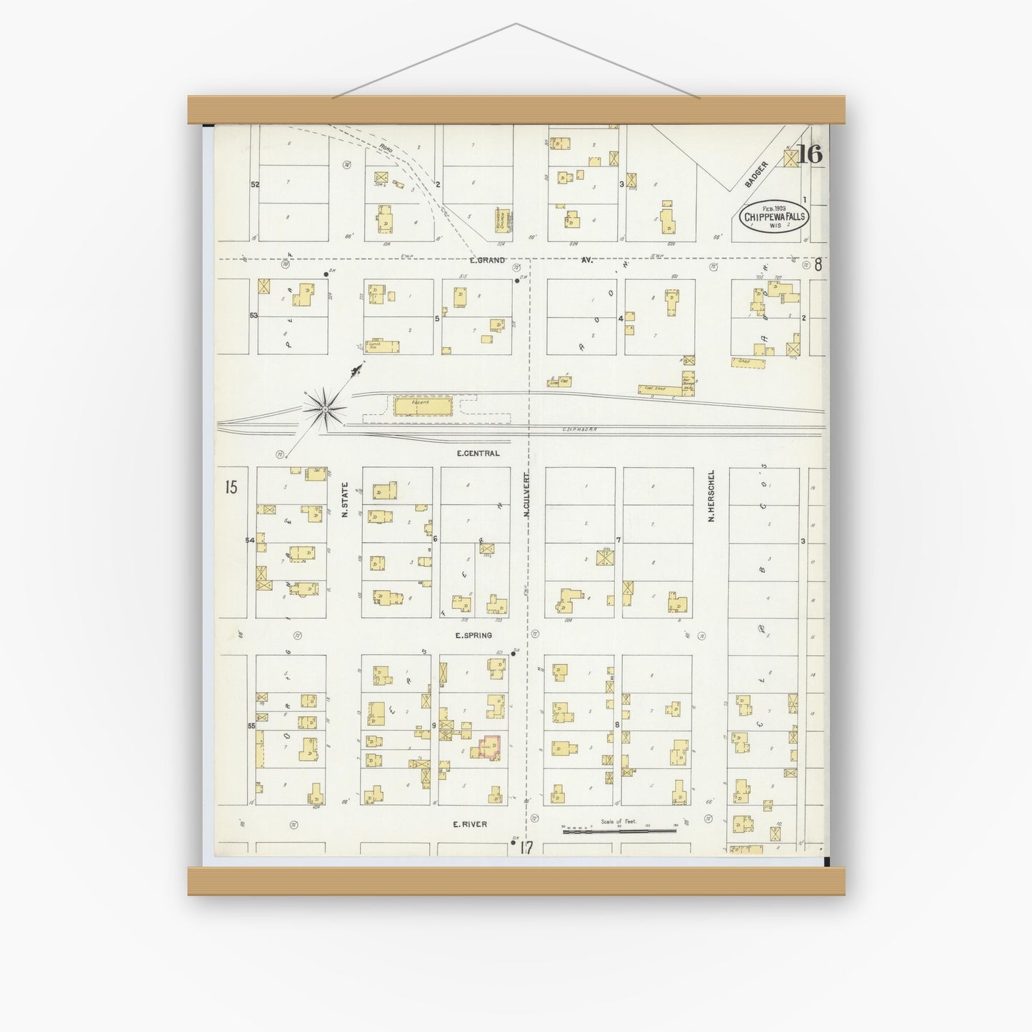 Old map wall art mockup — magnetic wood frame on white wall — Sanborn Fire Insurance Map from Chippewa Falls, Chippewa County, Wisconsin (1903), Sheet #0016