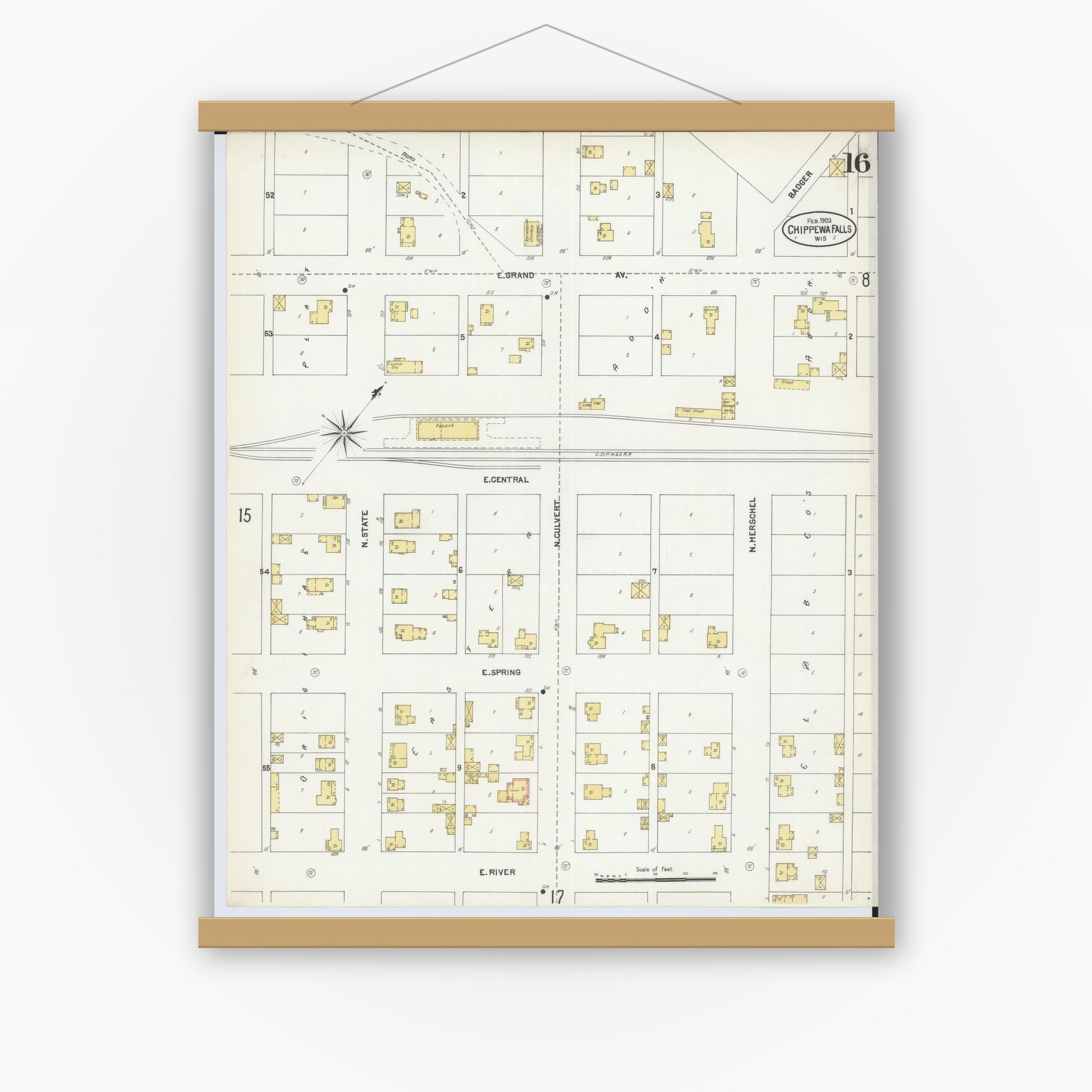 Old map wall art mockup — magnetic wood frame on white wall — Sanborn Fire Insurance Map from Chippewa Falls, Chippewa County, Wisconsin (1903), Sheet #0016