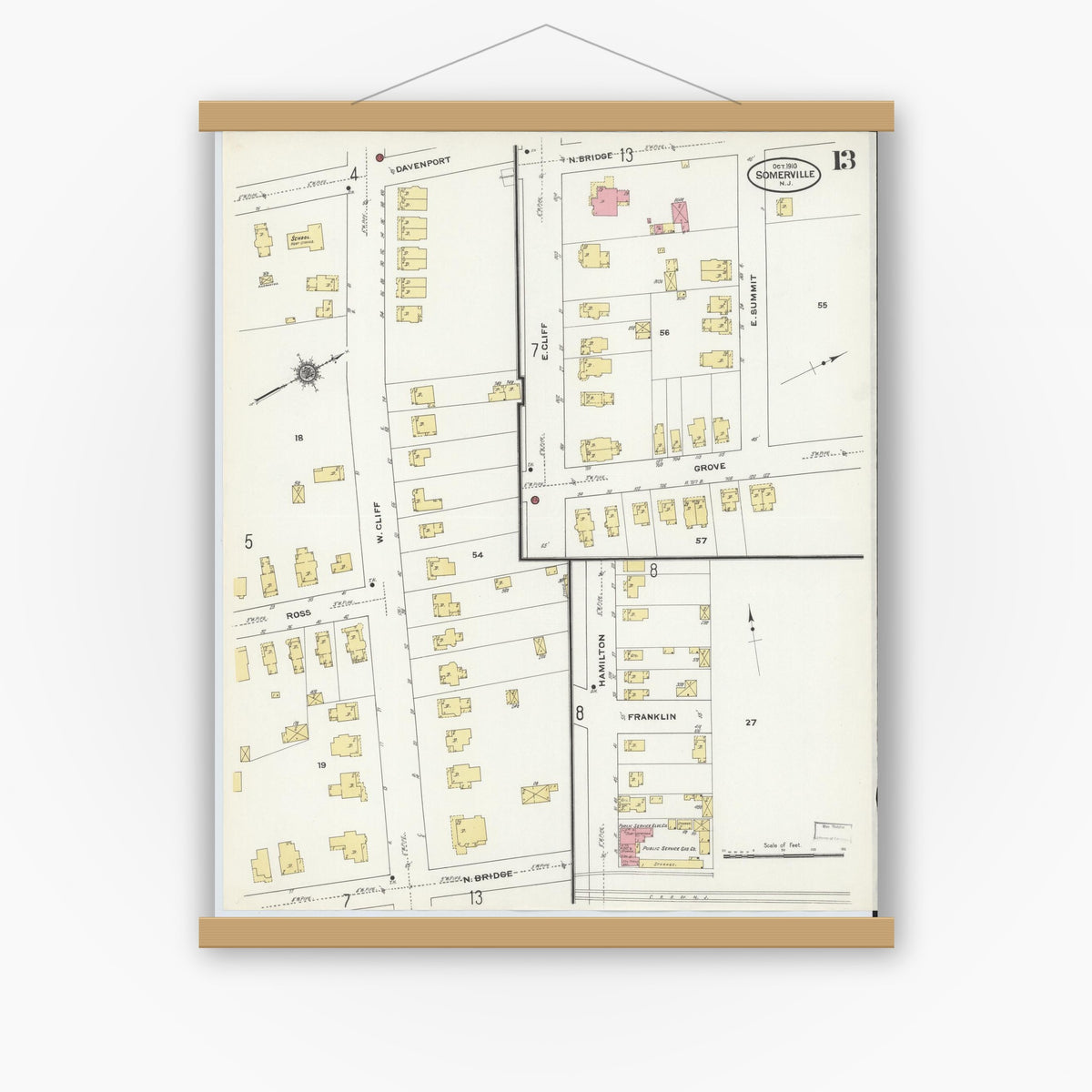 Old map wall art mockup — magnetic wood frame on white wall — Sanborn Fire Insurance Map from Somerville, Somerset County, New Jersey (1910), Sheet #0013