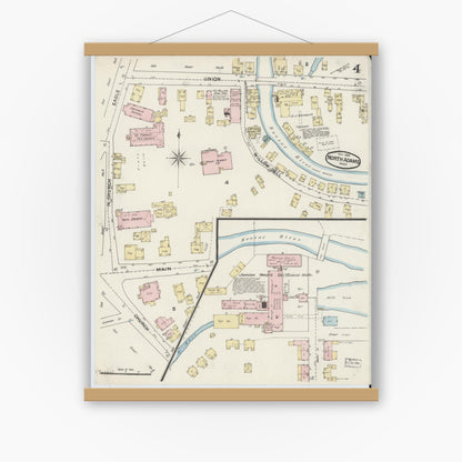 Old map wall art mockup — magnetic wood frame on white wall — Sanborn Fire Insurance Map from North Adams, Berkshire County, Massachusetts (1888), Sheet #0004